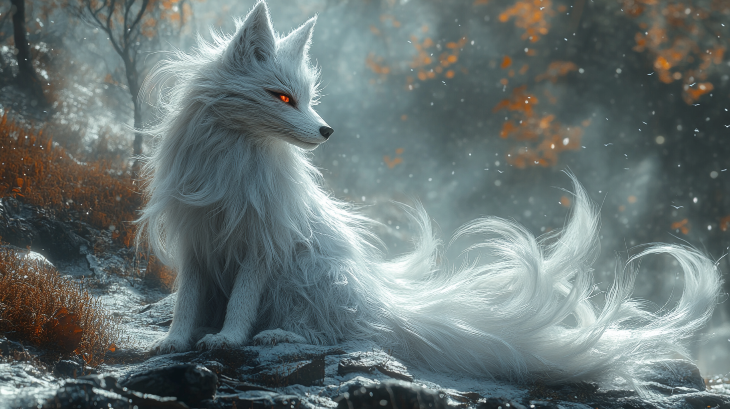 Enigmatic nine-tailed fox in serene snowy forest