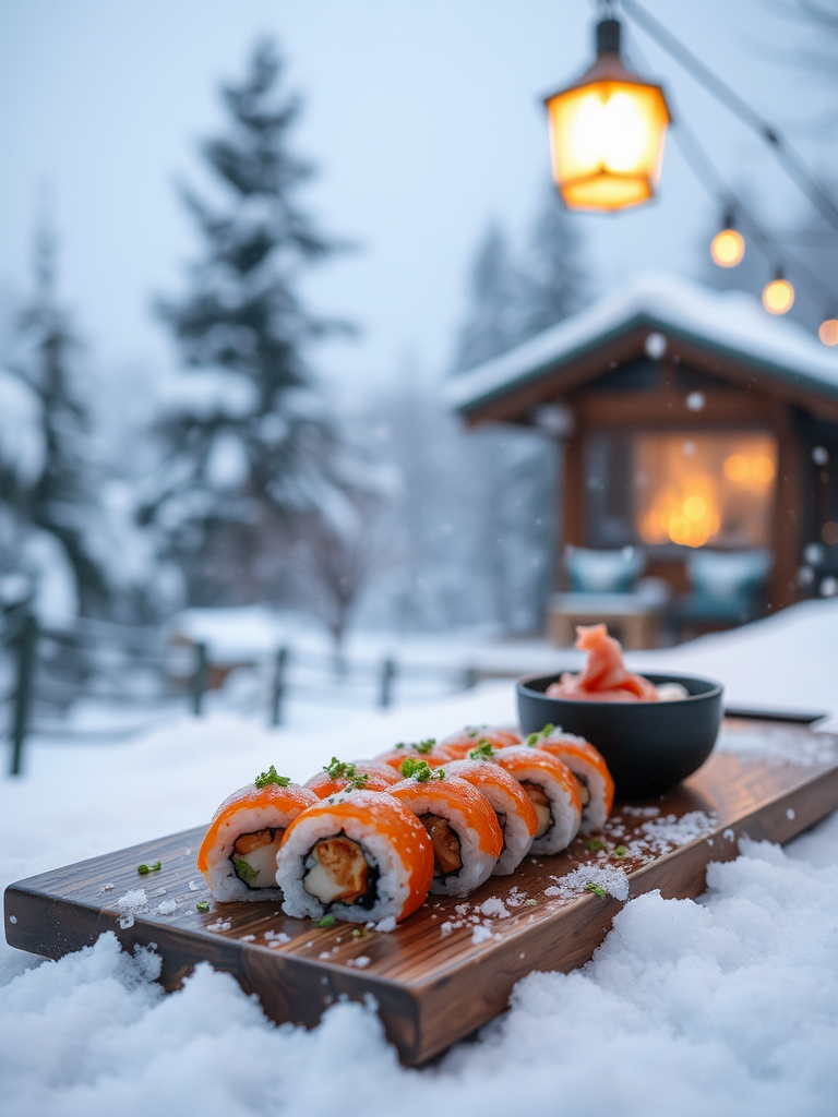 Enjoying sushi dinner outside in the snowy winter.