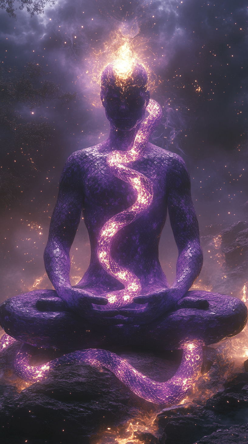 Enlightened Figure with Glowing Snake and Cosmic Energy