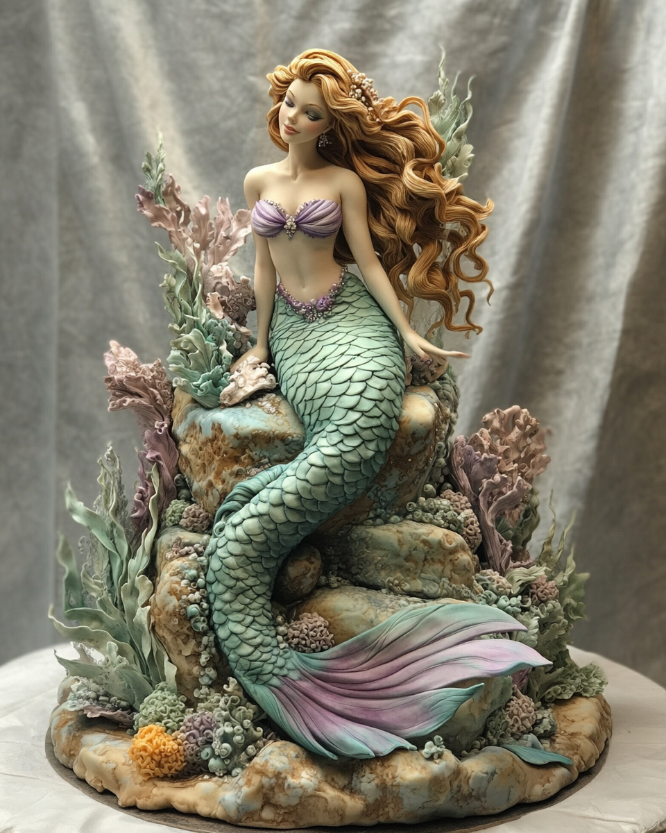 Enormous Fancy Mermaid Wedding Cake Displayed in Ballroom