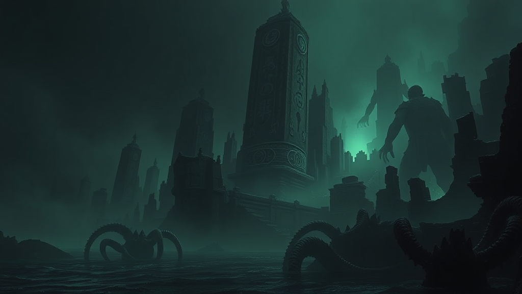 Enormous ruins under sea, eerie depth, chilling dread.