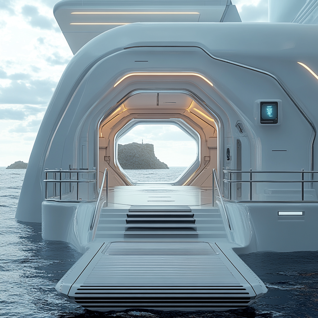 Entrance of a futuristic ship on water