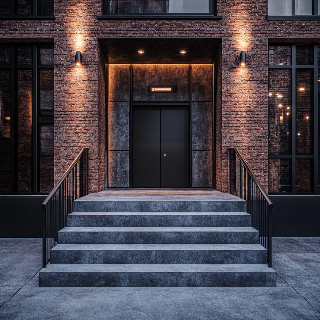 Entrance to hotel, concrete steps, metal door view