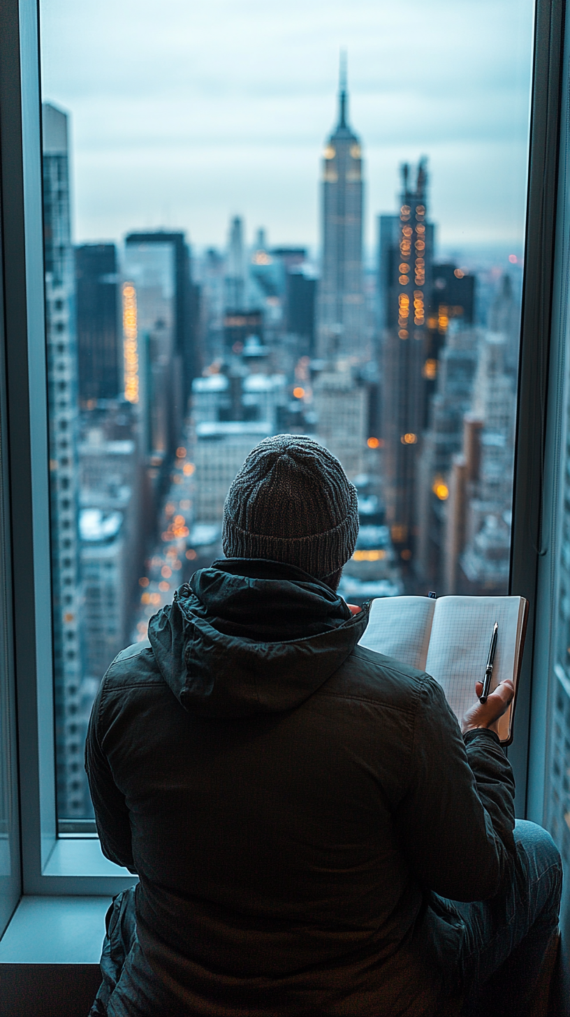 Entrepreneur brainstorming ideas at window seat with city view