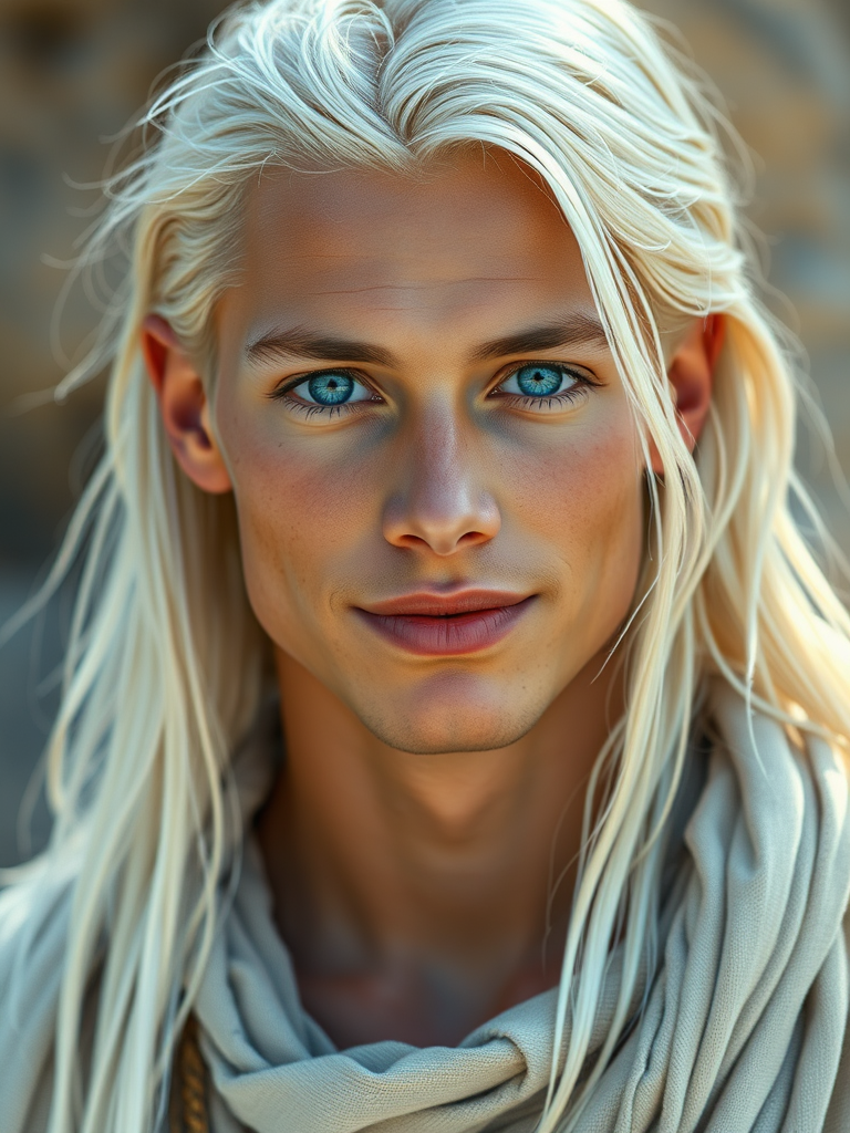 Ethereal Blonde Man in Tribal White Attire