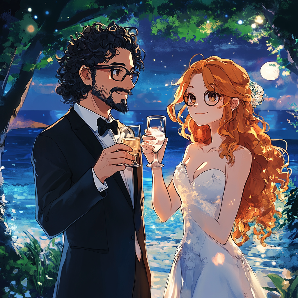 Ethereal outdoor wedding party with anime-inspired characters.