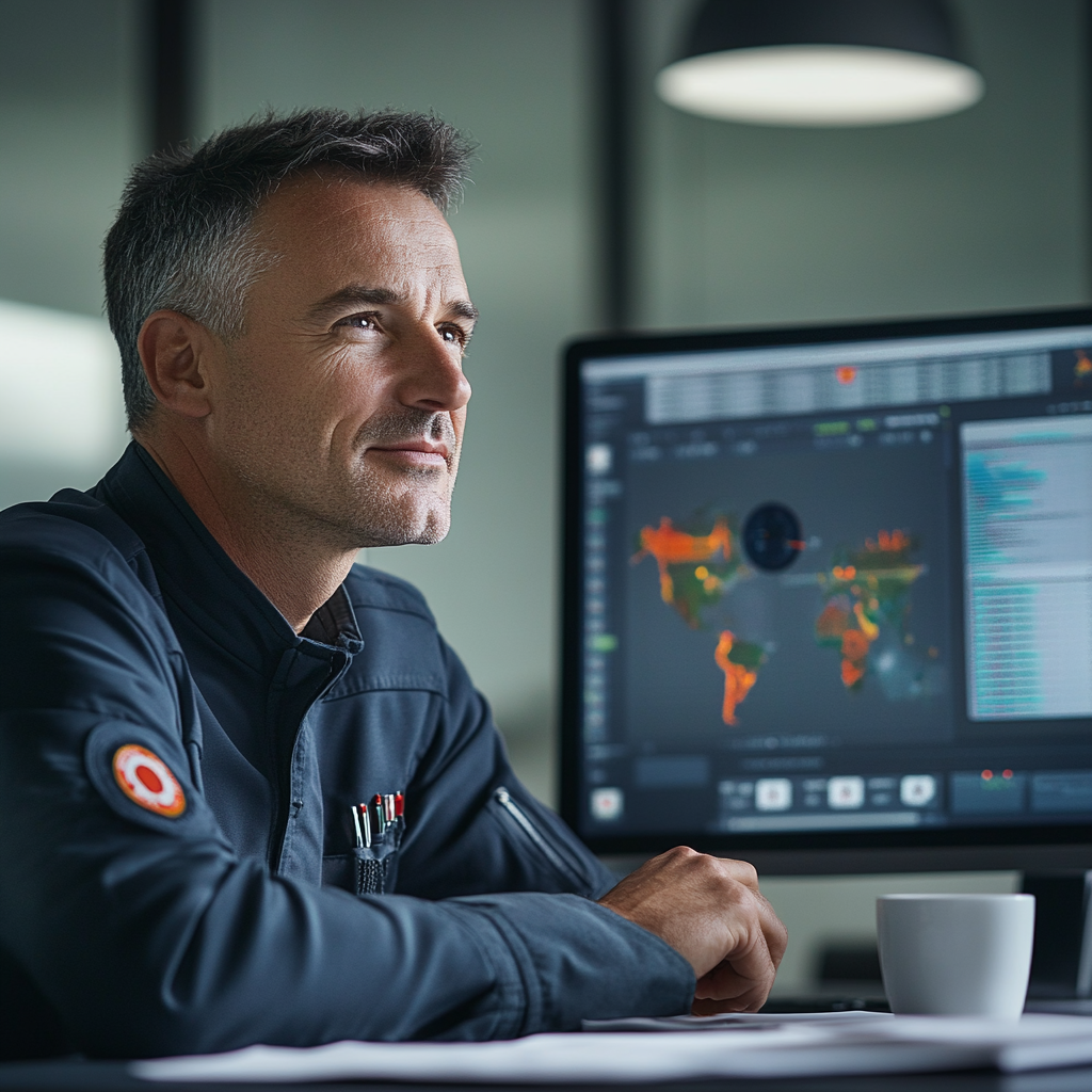 European man in pilot uniform enjoys virtual meeting.