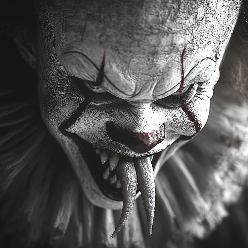 Evil Pennywise Clown with Sharp Teeth in Black and White