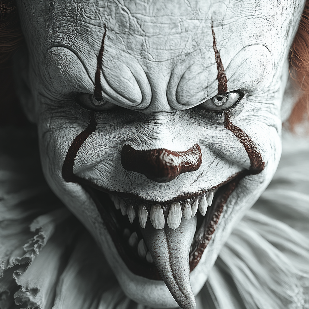 Evil Pennywise clown with long sharp teeth