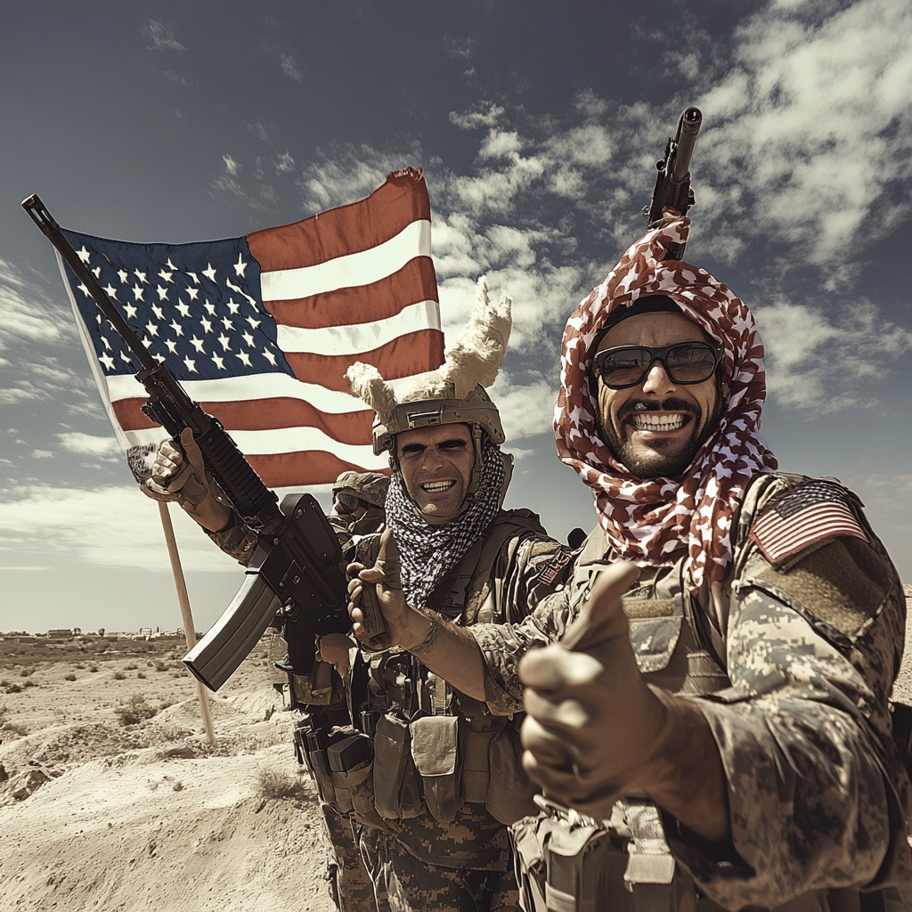 Evil Uncle Sam watches over rebel Libyan soldiers