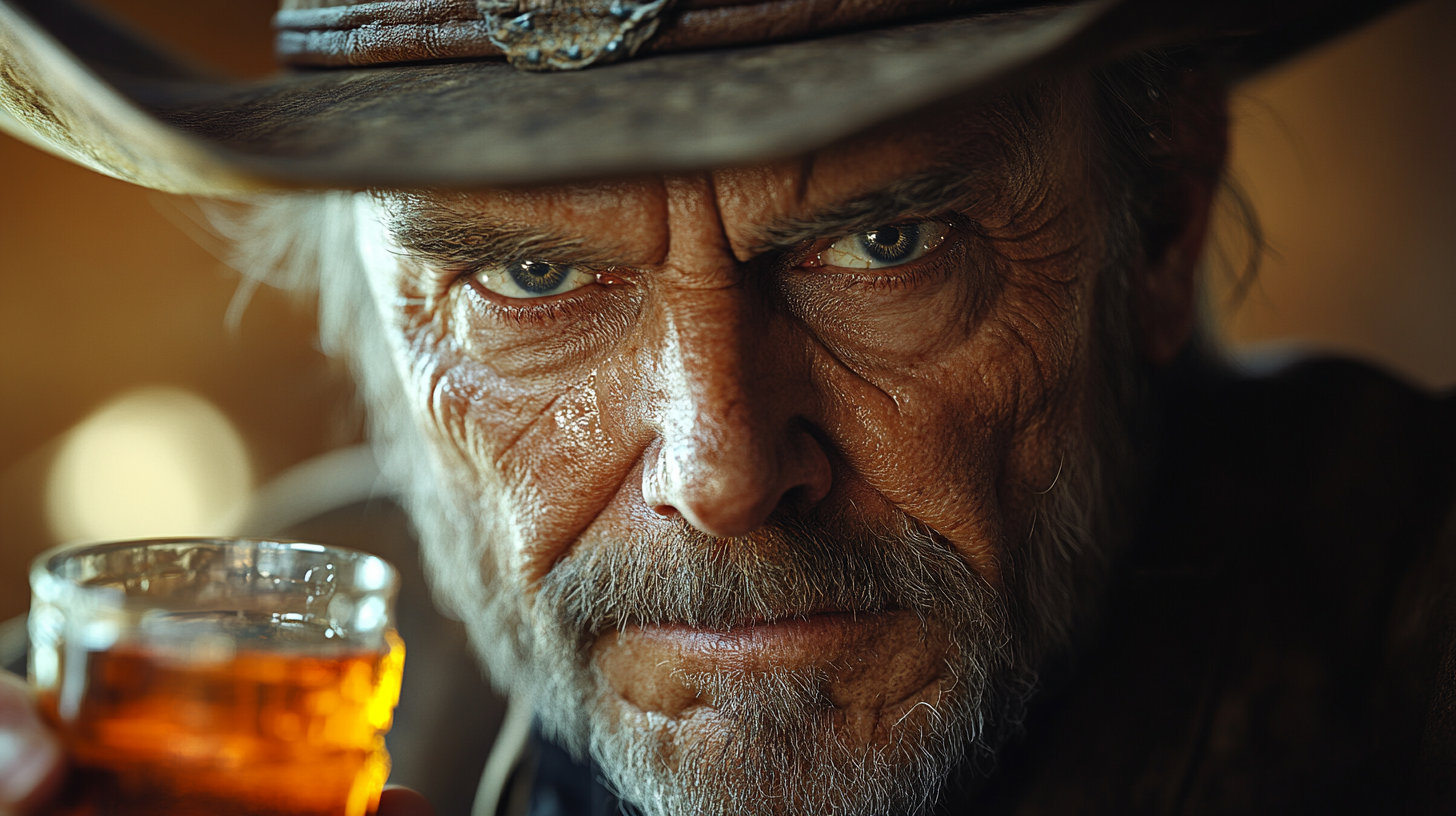 Evil cowboy enjoying drink, detailed, high quality image.