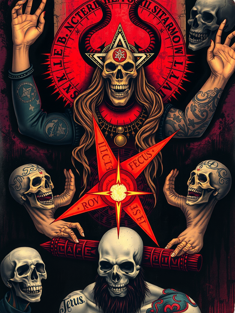 Evil shadows, skulls, tattoos, ancient symbols, Jesus, Satan.