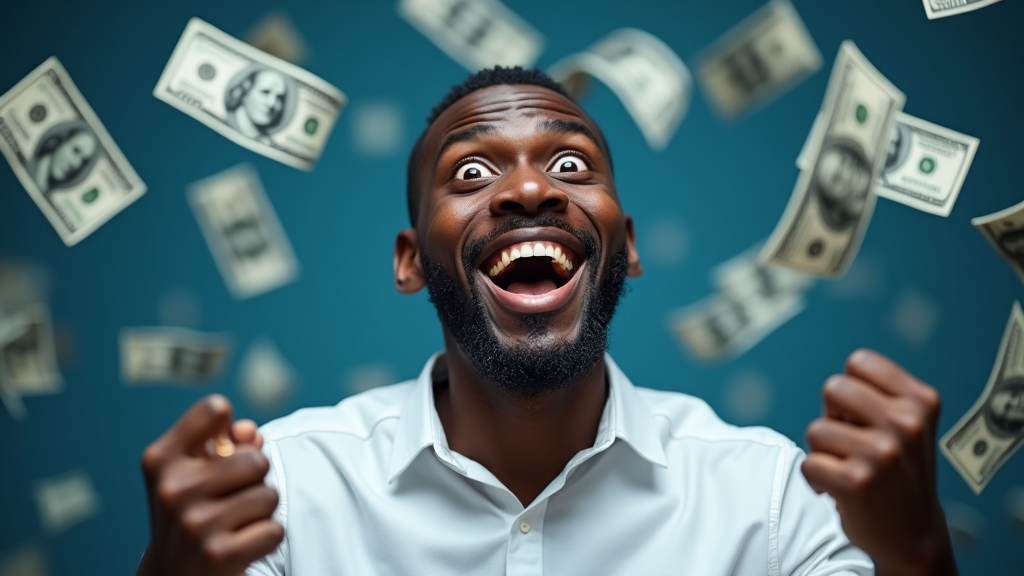 Excited African Man Celebrating Victory Among Dollars