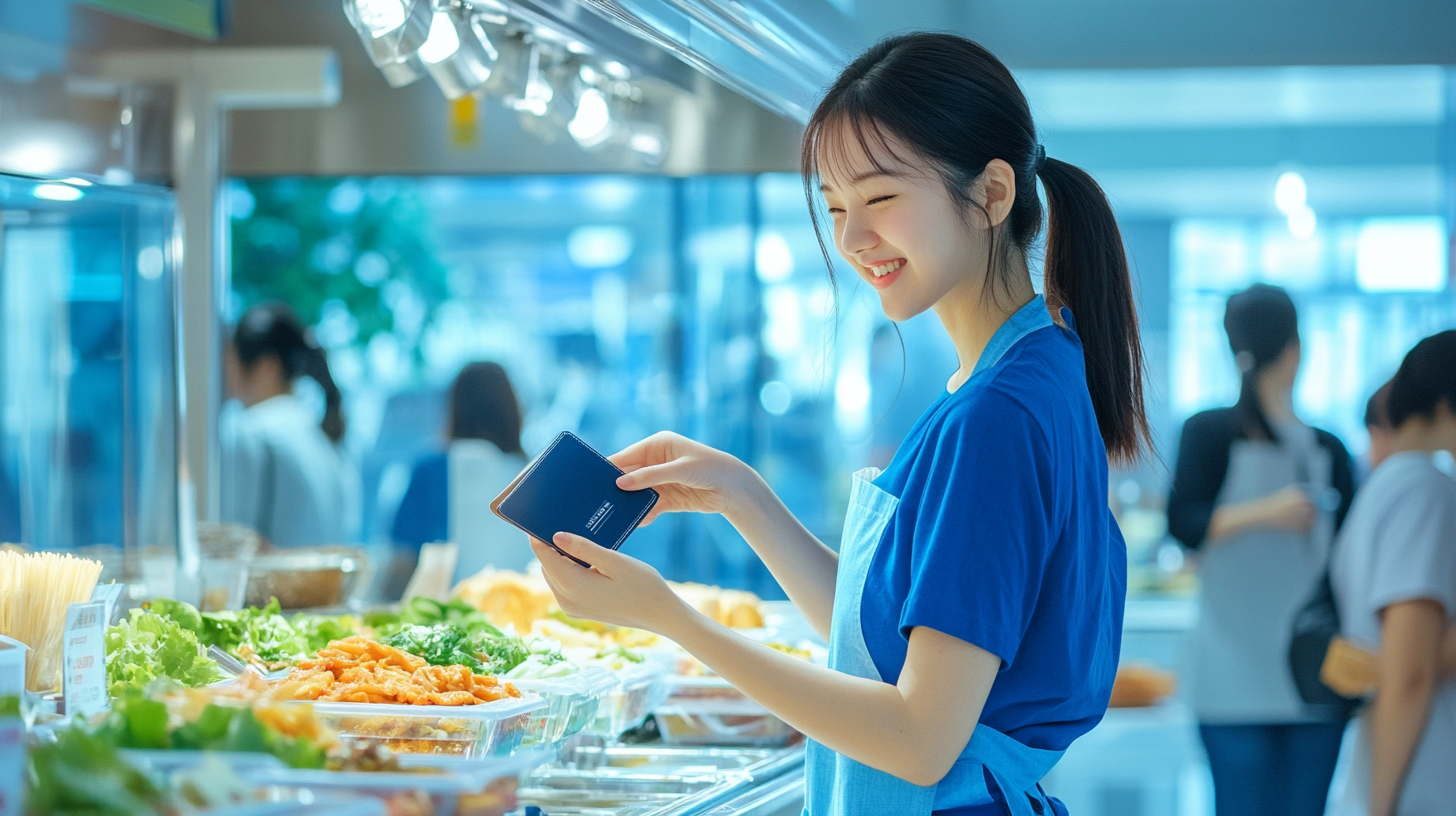 Excited Asian woman paying for food at canteen