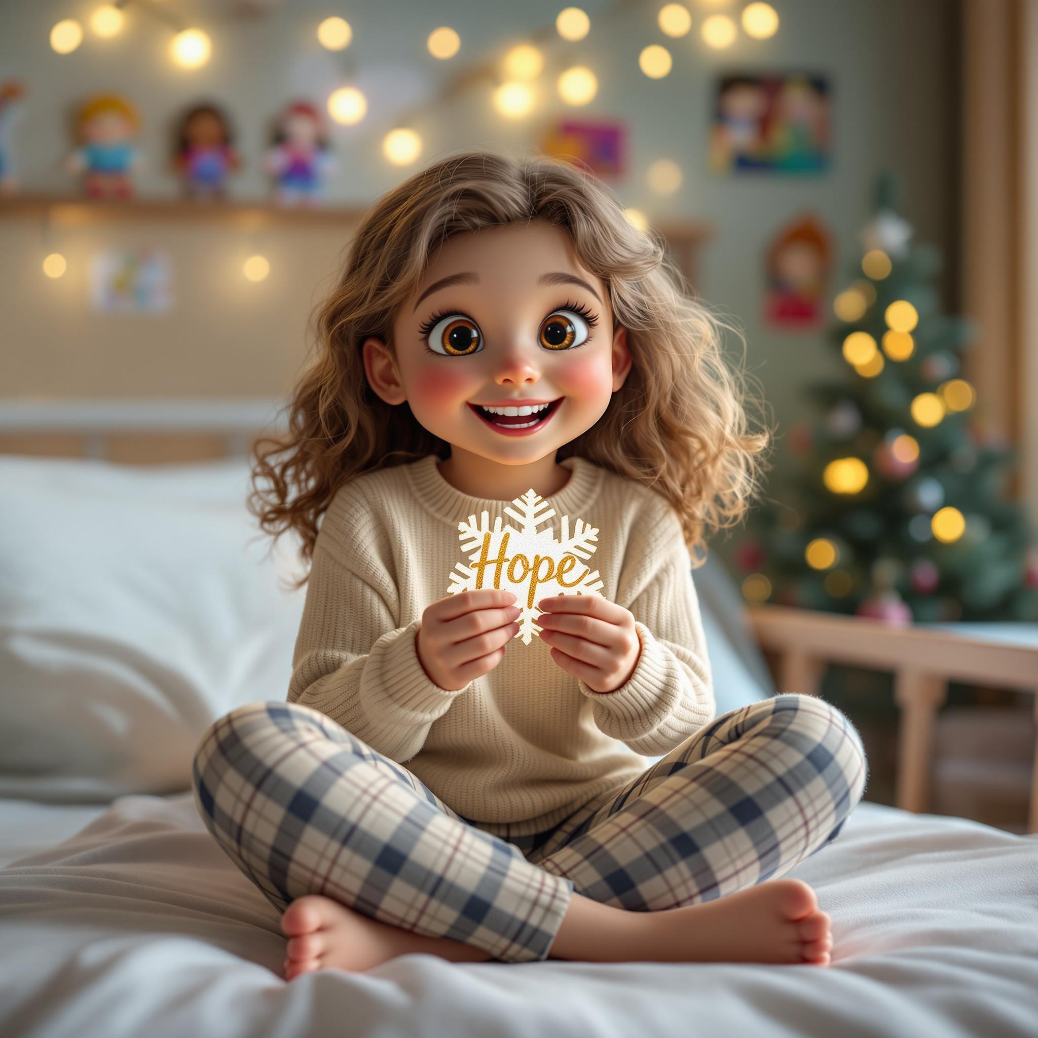 Excited Charlotte Holding 'Hope' Sticker in Hospital Room