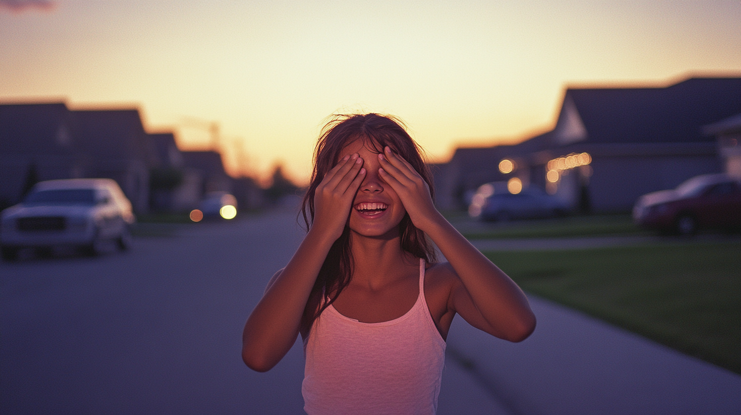 Excited Girl Awaiting Surprise Gift at Dusk