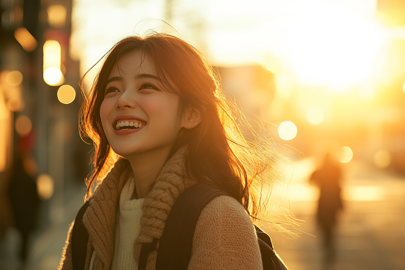 Excited Japanese university student in vintage street setting.