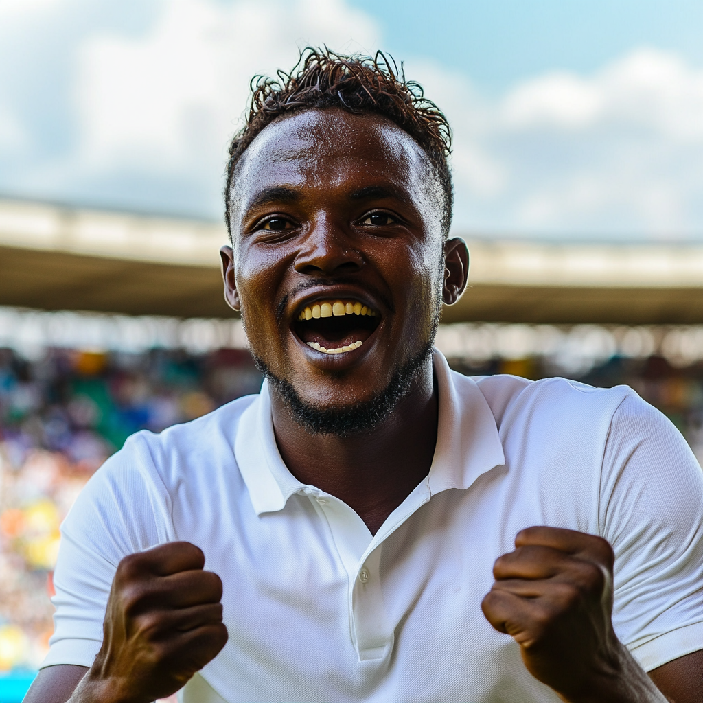 Excited Tanzanian Man celebrates victory in a stadium