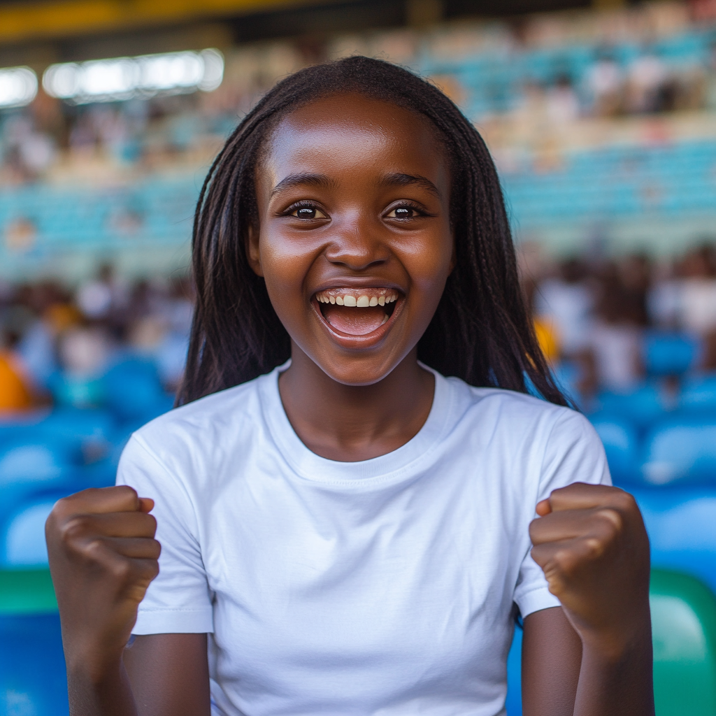 Excited Tanzanian girl celebrates in football stadium