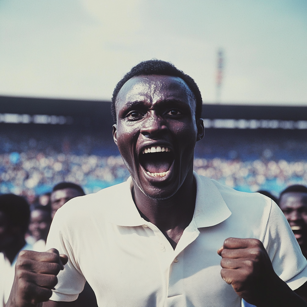 Excited Tanzanian man celebrates victory in packed stadium