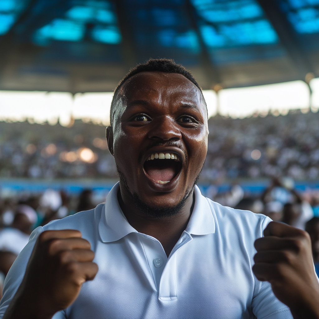 Excited Tanzanian man celebrates victory in stadium