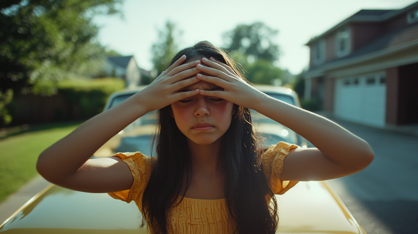 Excited Teenager awaiting Surprise in Suburban Driveway