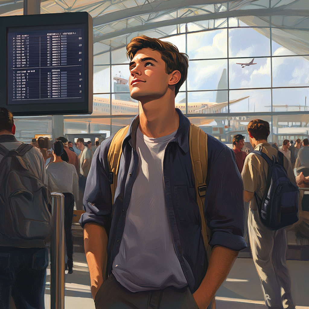 Excited man at airport gate looks at schedule