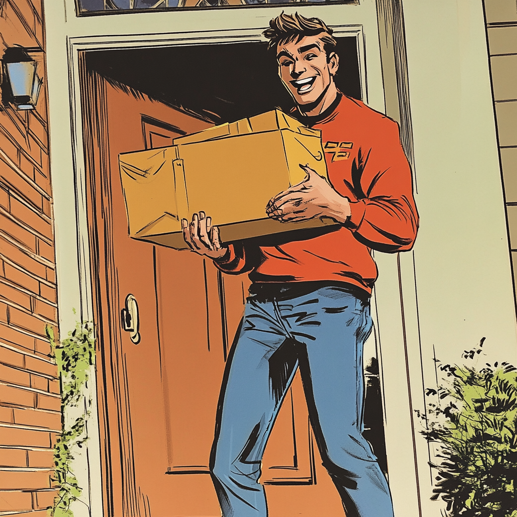 Excited man at front door with giant package