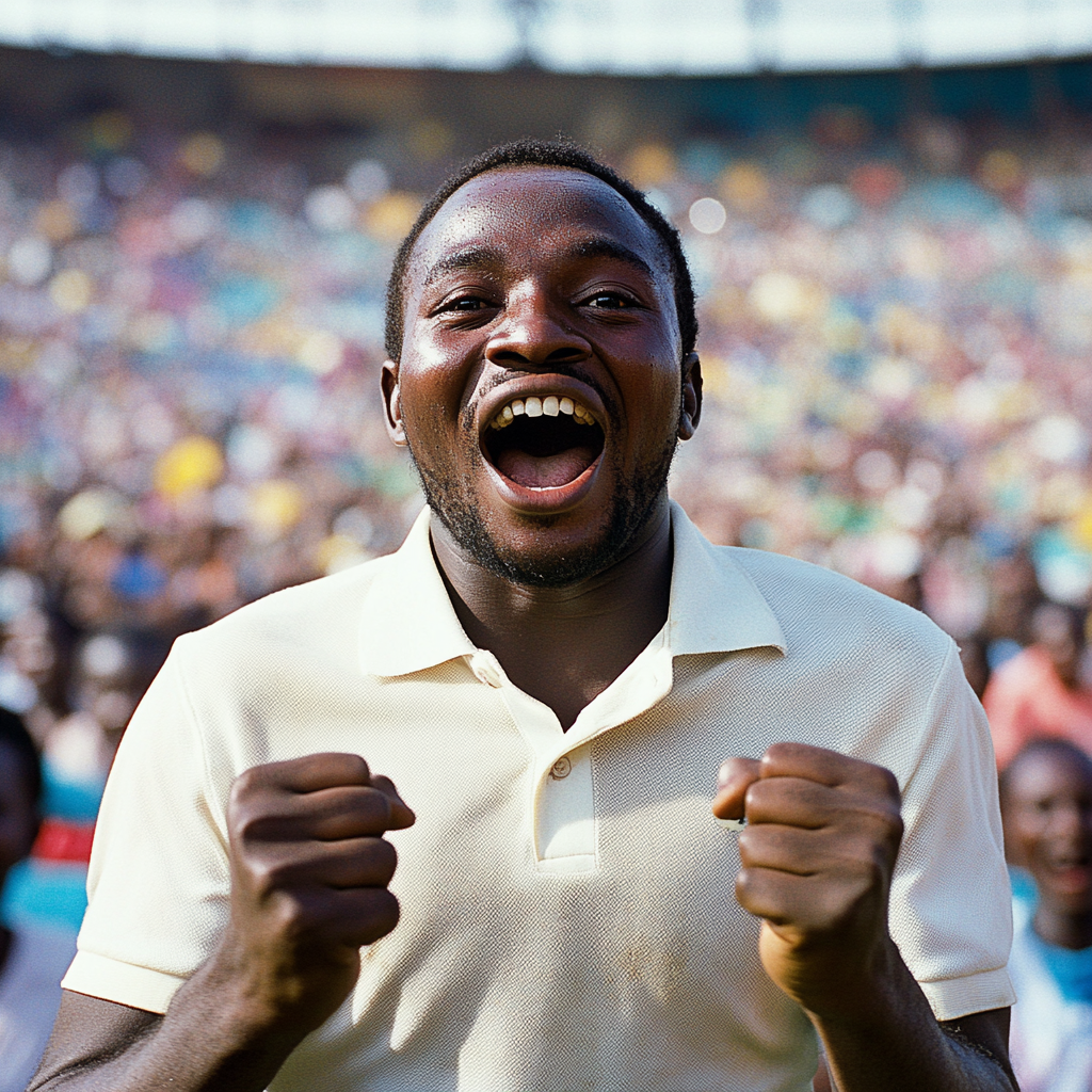 Excited man celebrates victory in glittering stadium