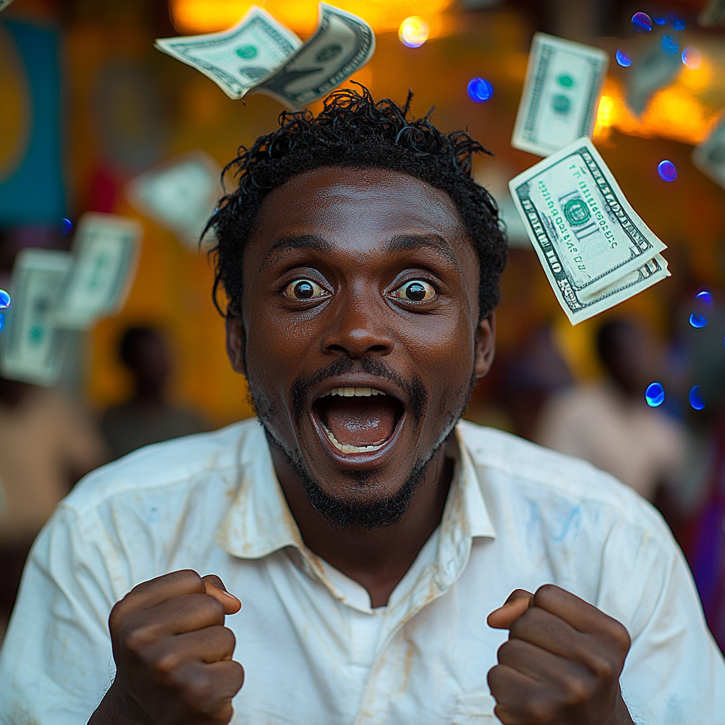 Excited man celebrates victory with falling money