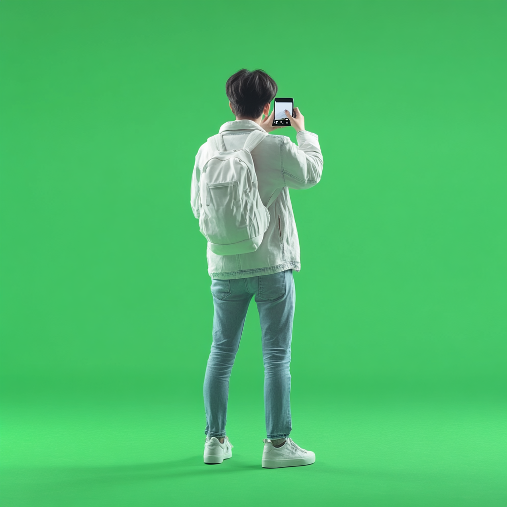 Excited pedestrian taking pictures on phone, green screen background