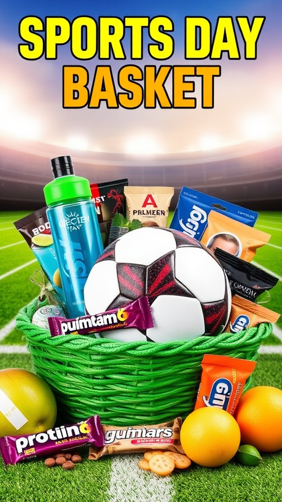 Exciting Sports Day Basket with Soccer Ball & Snacks.