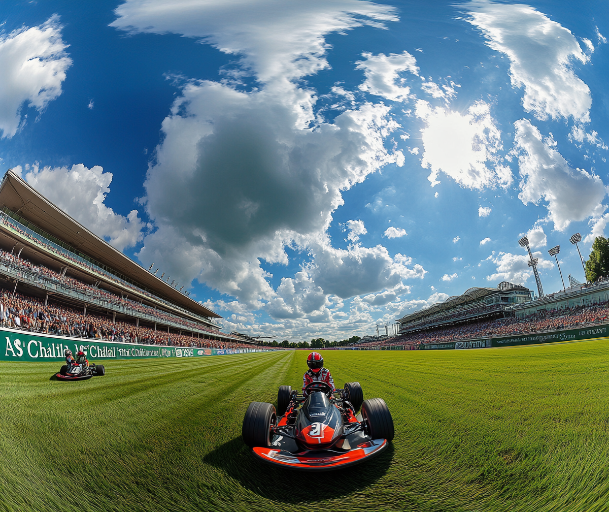 Exciting go-kart race at Ascot with crowds.