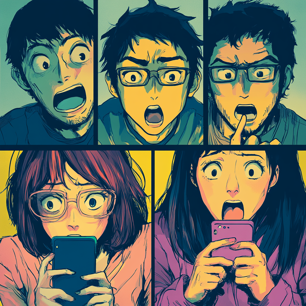 Exciting manga-style illustration of four friends chatting