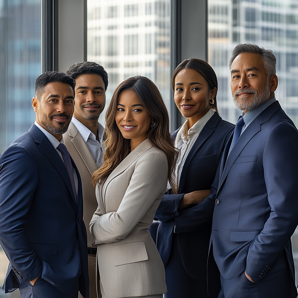 Executives from different backgrounds standing by window confidently