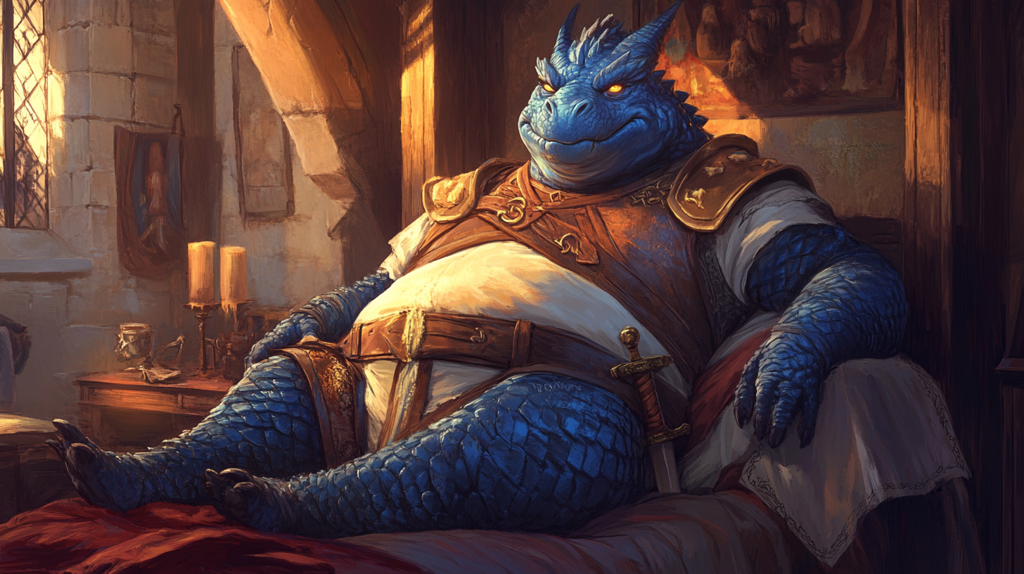 Exhausted Blue Dragonborn at a Medieval Inn