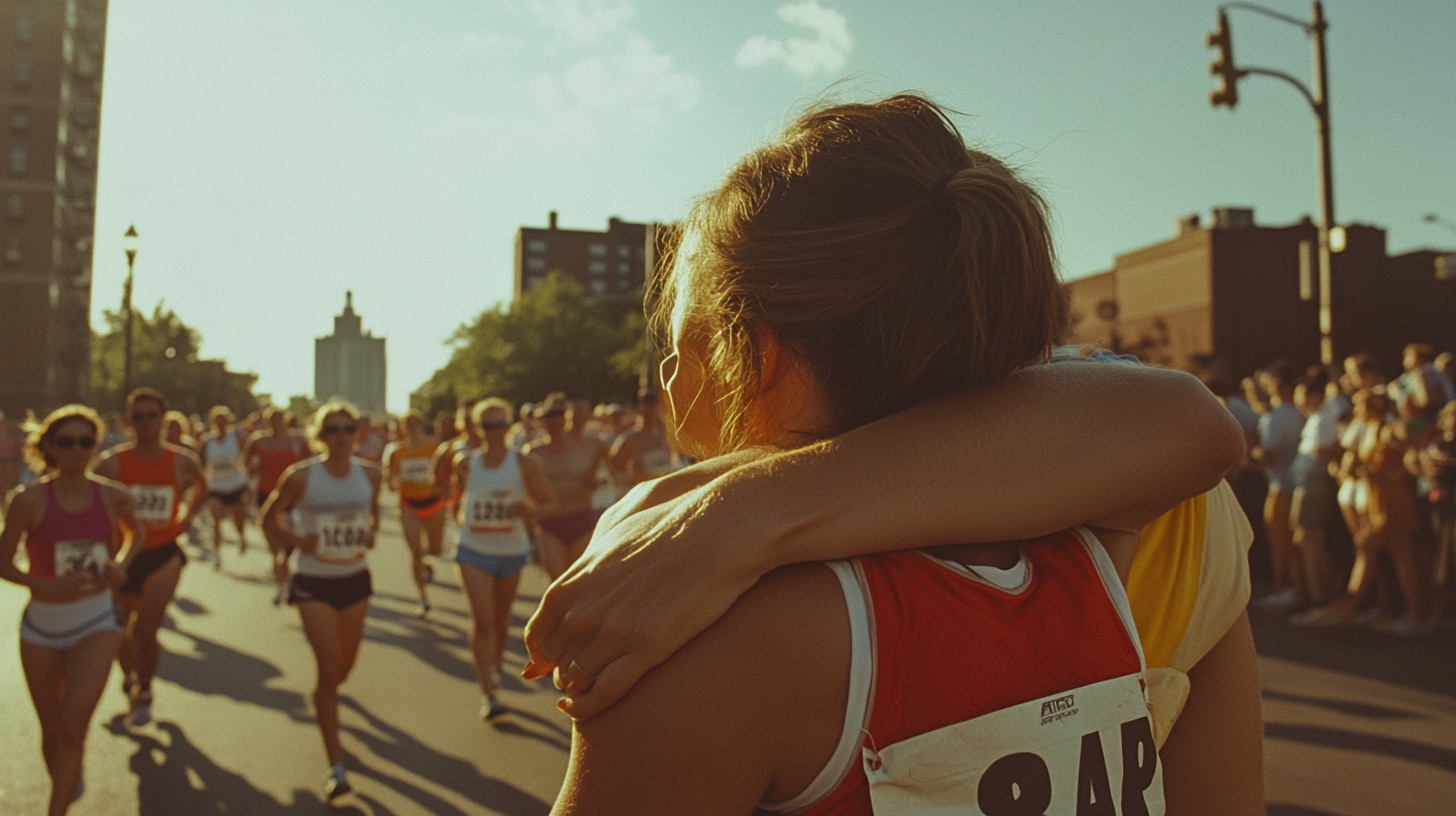 Exhausted Female Marathoner Embraced by Husband Post-race