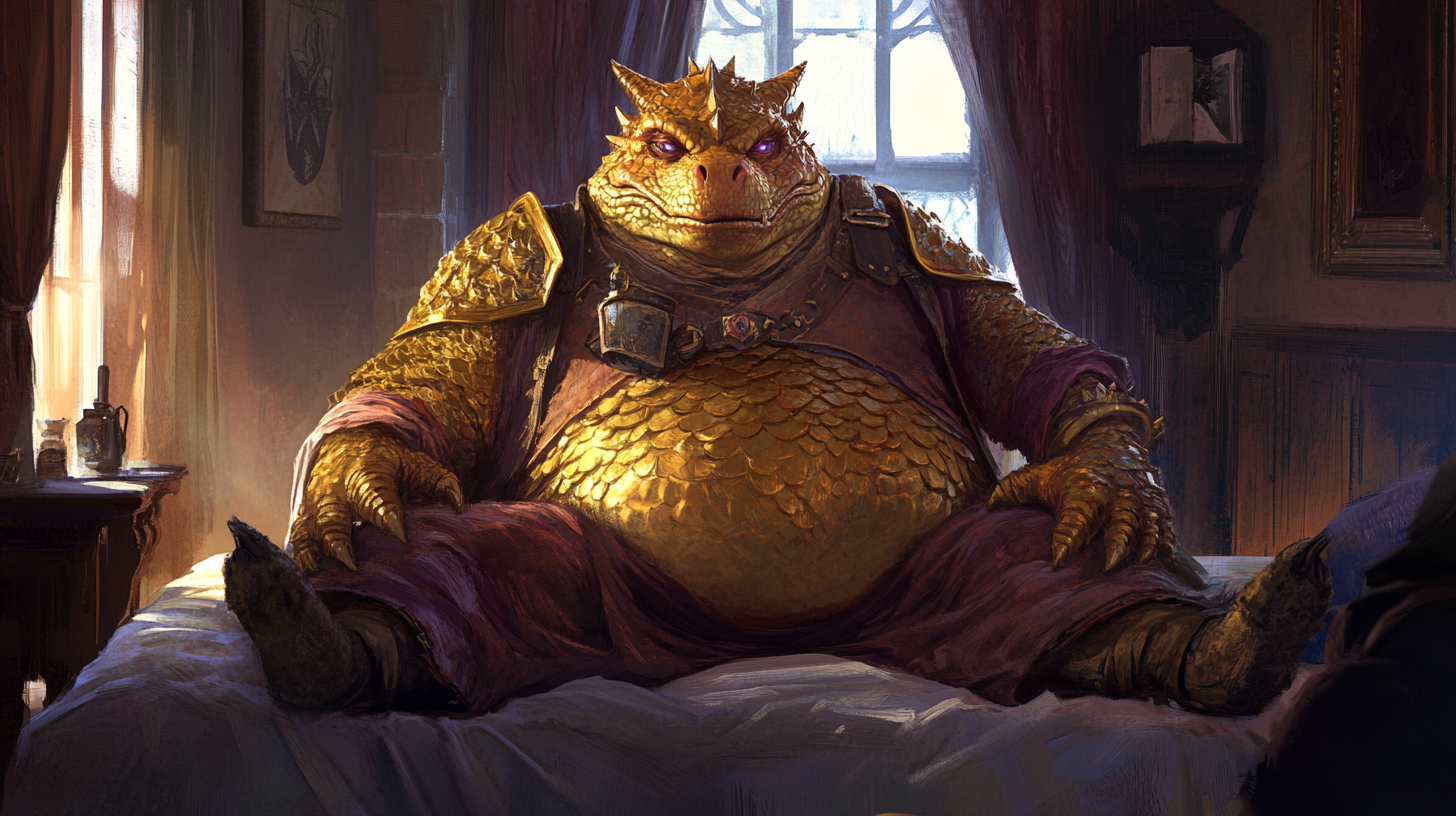 Exhausted Obese Dragonborn Rests in a Medieval Inn