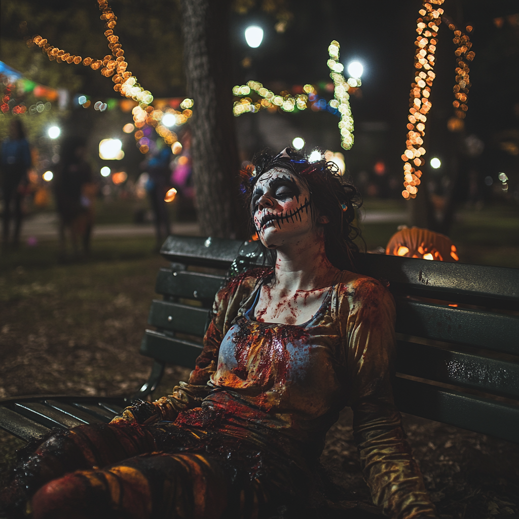 Exhausted Woman in Zombie Costume at Park Festival