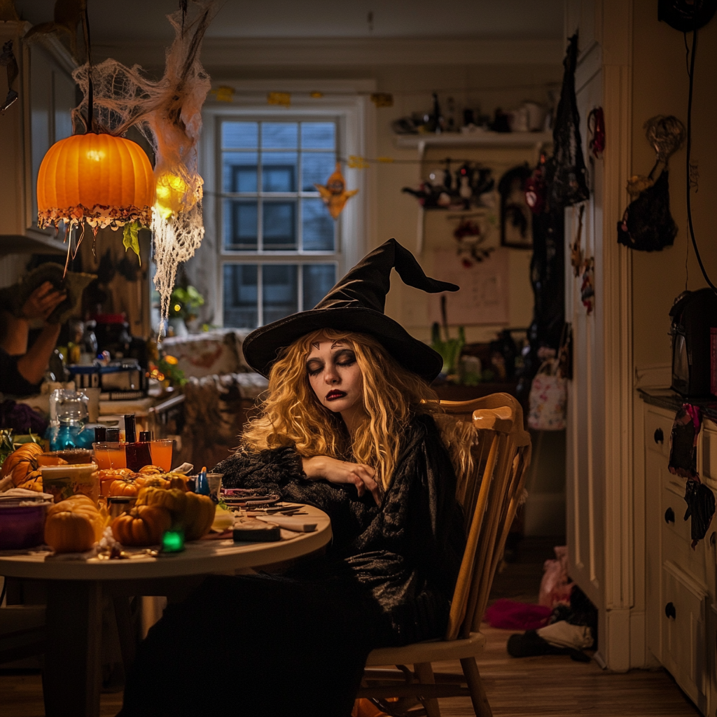 Exhausted woman in witch costume at Halloween party