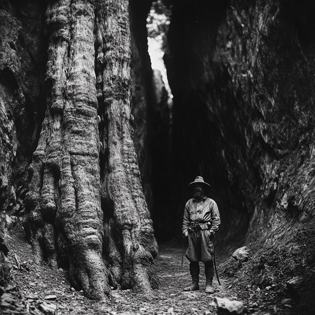 Explorer poses in front of ancient forest