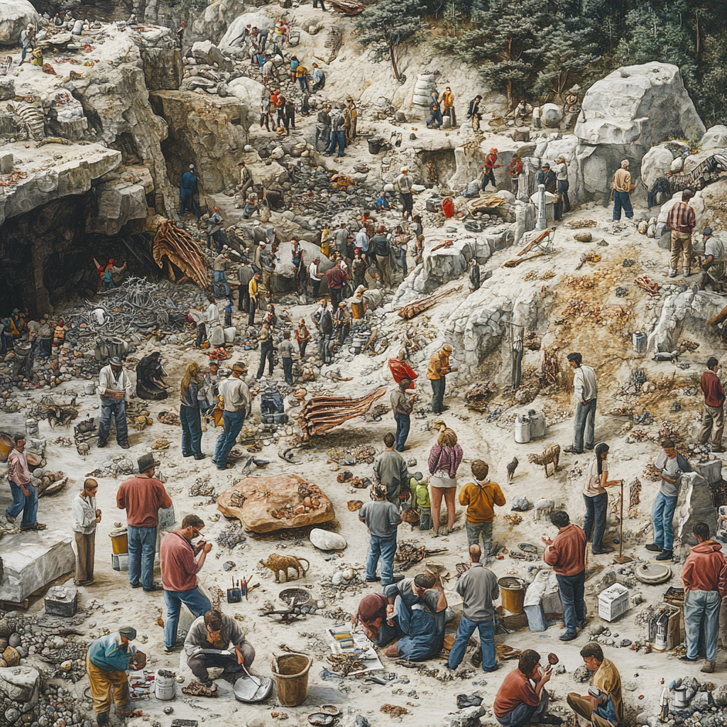 Exploring Geology: Busy Scene with Scientists and Fossils