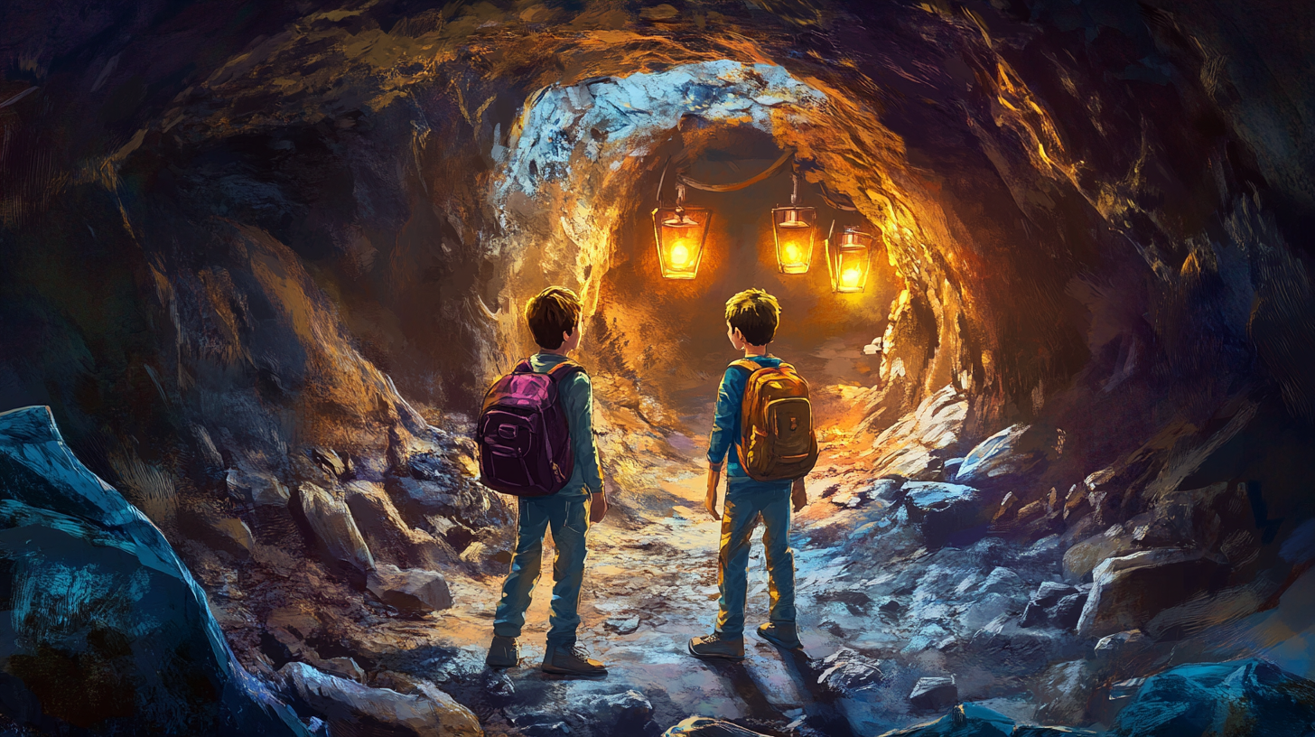 Exploring a cave with lanterns: 12-year-old boys, 11-year-old girl