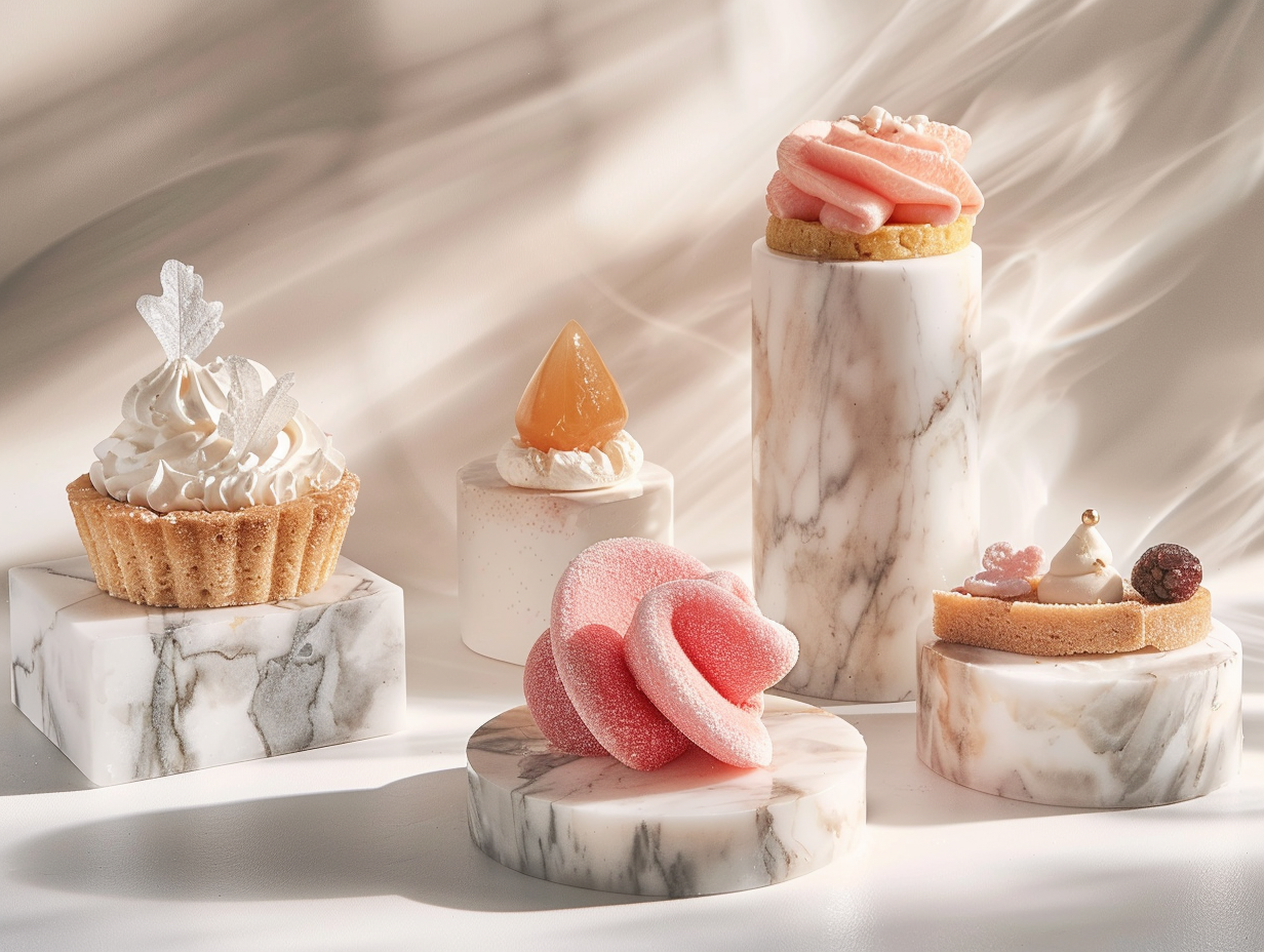 Exquisite Desserts Displayed on Marble Stands