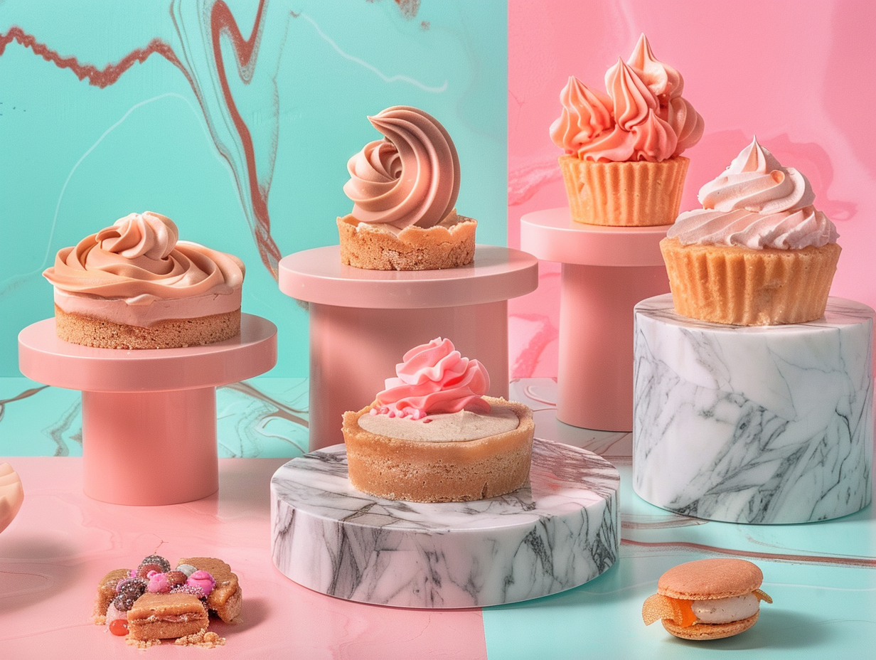 Desserts on marble stands in pastel background.