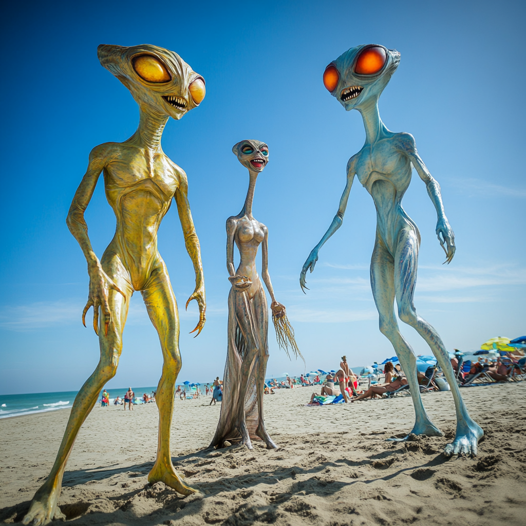 Extraterrestrial beings play together at realistic beach