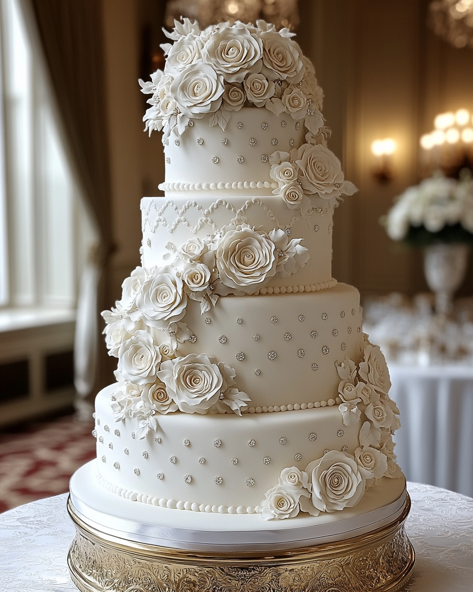 Extravagant, tall royal wedding cake on golden stand