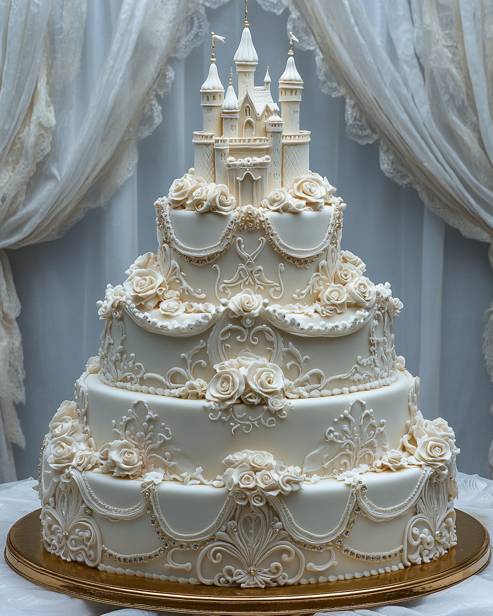 Extravagant Cinderella Wedding Cake on Gold Stand