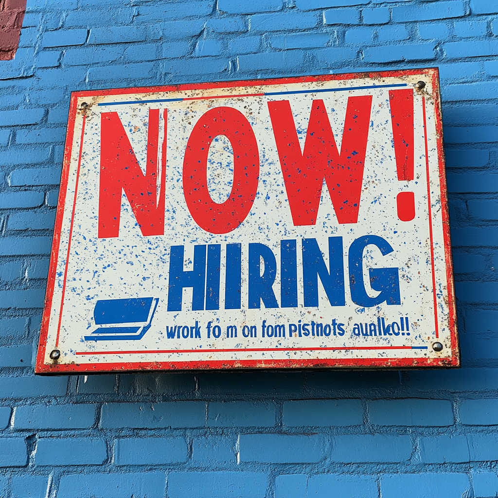 Eye-catching 'Now Hiring!' Sign for Remote Work Positions