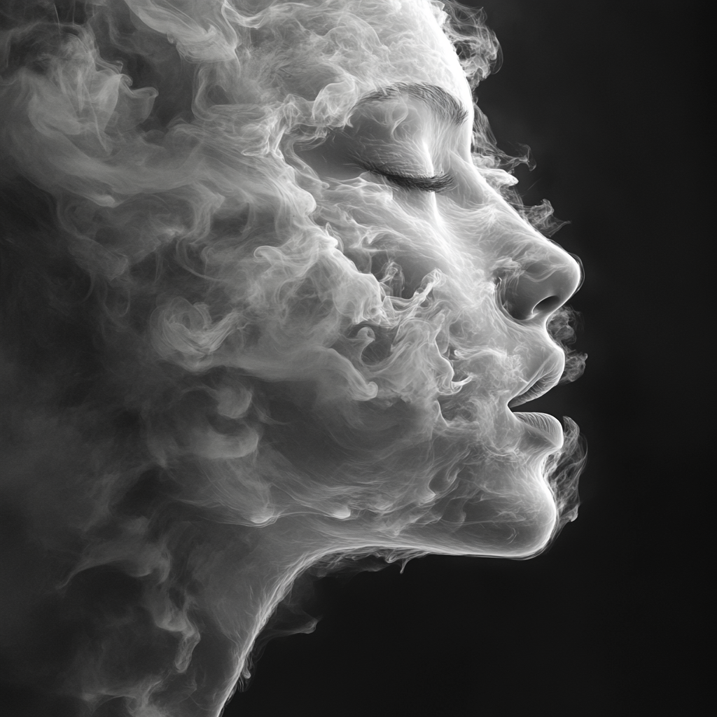 Face shape formed by blowing smoke away, surreal style.